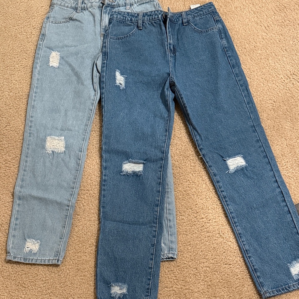 SHEIN Distressed Straight Leg Jeans in Blue and Light Blue
